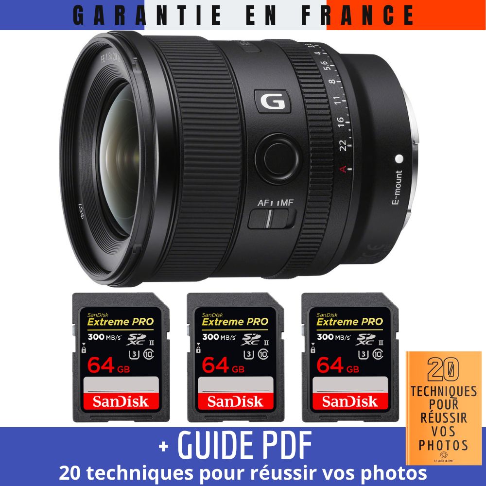Sony FE 20mm f/1.8 G Lens + 3x 64GB SanDisk Extreme PRO UHS-II SDXC Cards (300MB/s) + Guide PDF '20 TECHNIQUES POUR RÉUSSIR VOS PHOTOS'