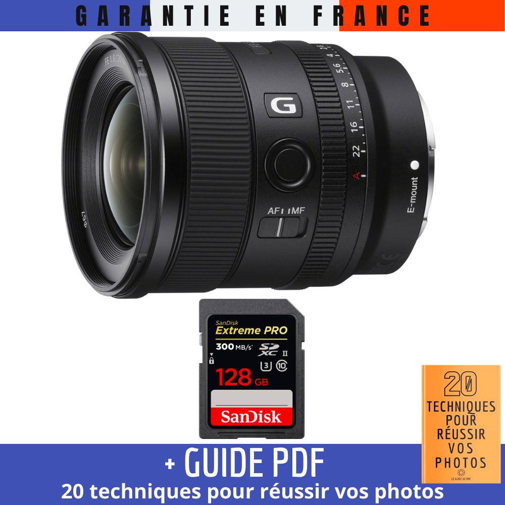 Sony FE 20mm f/1.8 G Lens + 1 SanDisk 128GB Extreme PRO UHS-II SDXC Card + '20 TECHNIQUES POUR RÉUSSIR VOS PHOTOS' Guide