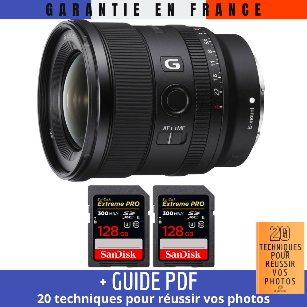 Sony FE 20mm f/1.8 G Lens + 2 SanDisk 128GB Extreme PRO UHS-II SDXC Cards 300MB/s