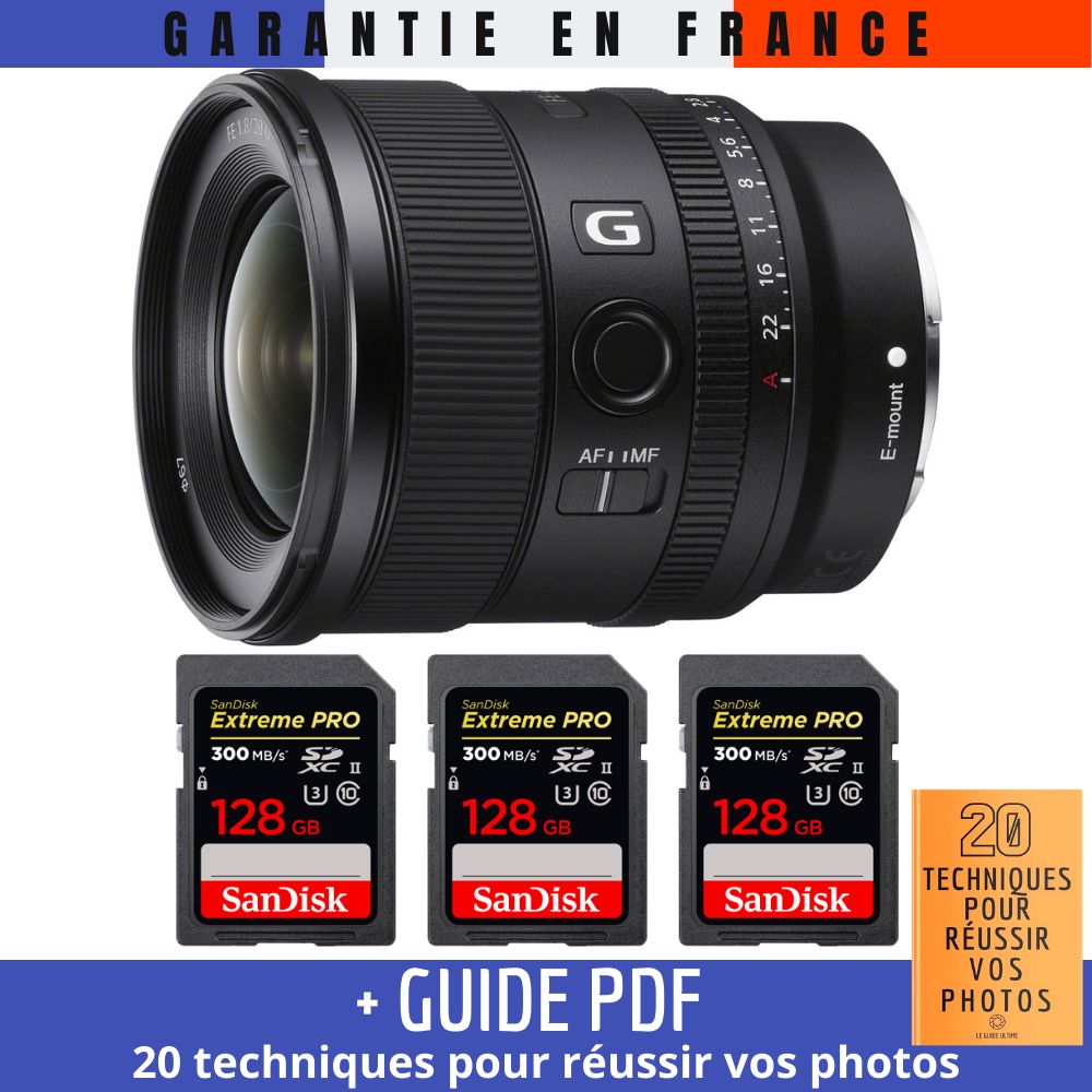 Sony FE 20mm f/1.8 G Lens + 3 SanDisk 128GB Extreme PRO UHS-II SDXC Cards (300 MB/s) + '20 TECHNIQUES POUR RÉUSSIR VOS PHOTOS' Guide