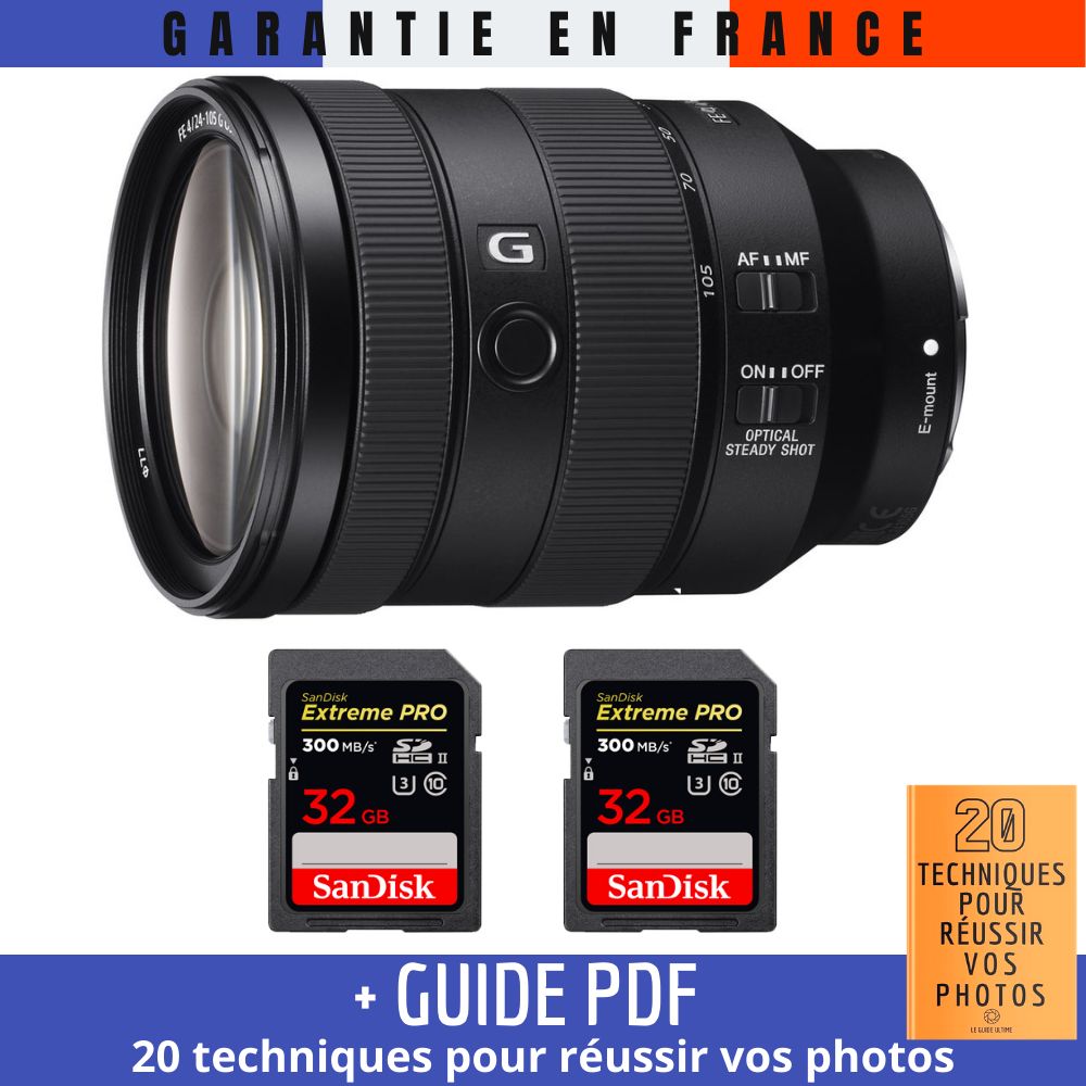Sony FE 24-105mm f/4 G OSS Lens + 2 SanDisk 32GB Extreme PRO UHS-II SDXC Cards (300 MB/s) + '20 TECHNIQUES POUR RÉUSSIR VOS PHOTOS' Guide