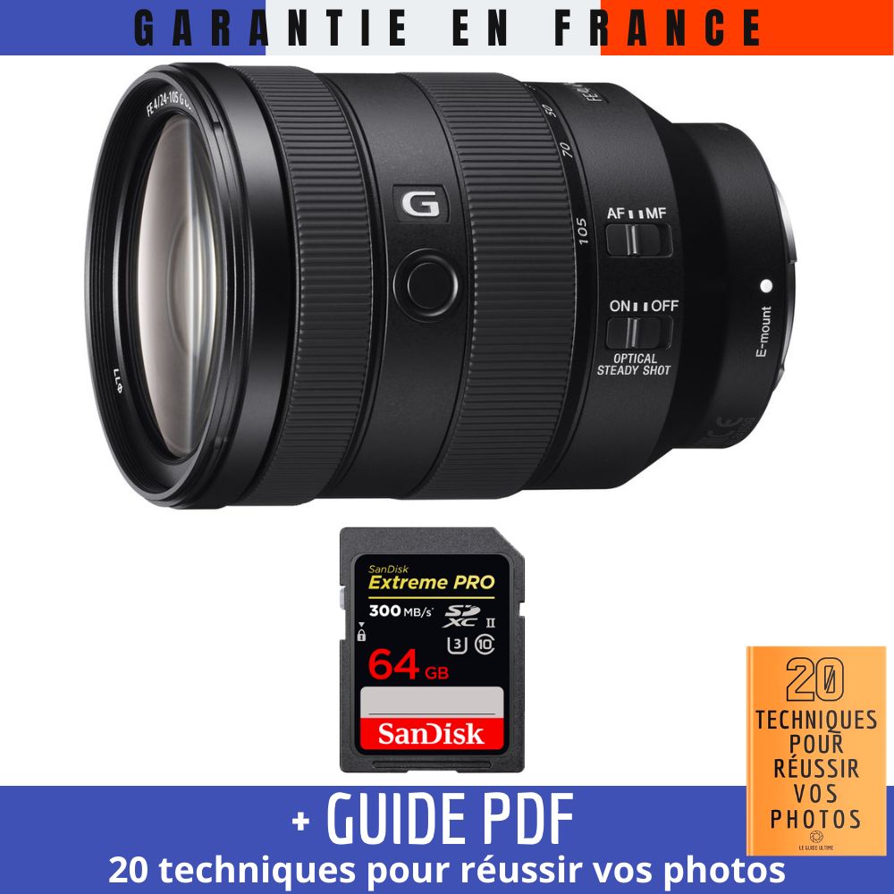 Sony FE 24-105mm f/4 G OSS Lens + 64GB SanDisk Extreme PRO UHS-II SDXC Card (300 MB/s) + '20 TECHNIQUES POUR RÉUSSIR VOS PHOTOS' Guide