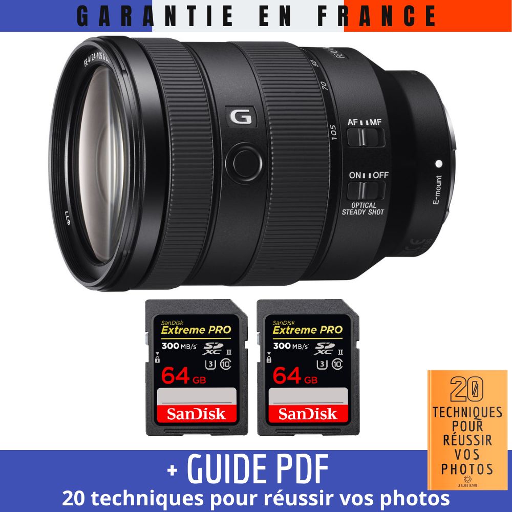 Sony FE 24-105mm f/4 G OSS Lens + 2 SanDisk 64GB Extreme PRO UHS-II SDXC Cards + '20 TECHNIQUES POUR RÉUSSIR VOS PHOTOS' Guide