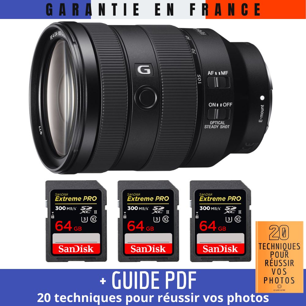 Sony FE 24-105mm f/4 G OSS Lens + 3 SanDisk 64GB Extreme PRO UHS-II SDXC Cards + '20 TECHNIQUES POUR RÉUSSIR VOS PHOTOS' Guide
