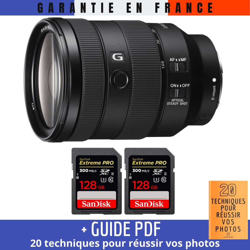 Sony FE 24-105mm f/4 G OSS Lens + 2 SanDisk 128GB Extreme PRO UHS-II Memory Cards