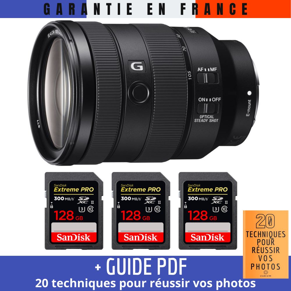 Sony FE 24-105mm f/4 G OSS Lens + 3 SanDisk 128GB Extreme PRO UHS-II Cards (Guide PDF included)