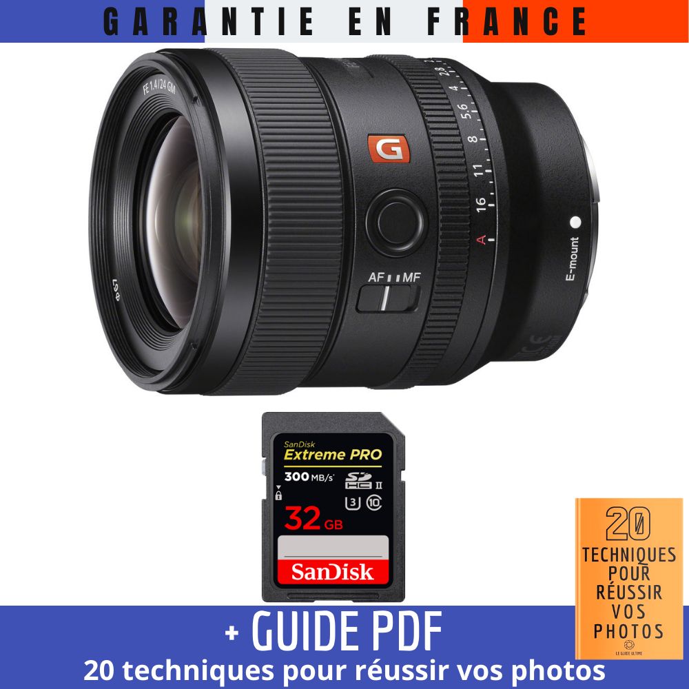 Sony FE 24mm f/1.4 GM Lens + 32GB SanDisk UHS-II Card + '20 TECHNIQUES POUR RÉUSSIR VOS PHOTOS' Guide