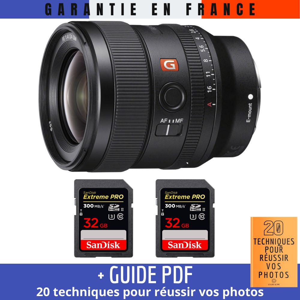 Sony FE 24mm f/1.4 GM Lens + 2 SanDisk 32GB UHS-II Cards (Guide PDF included)