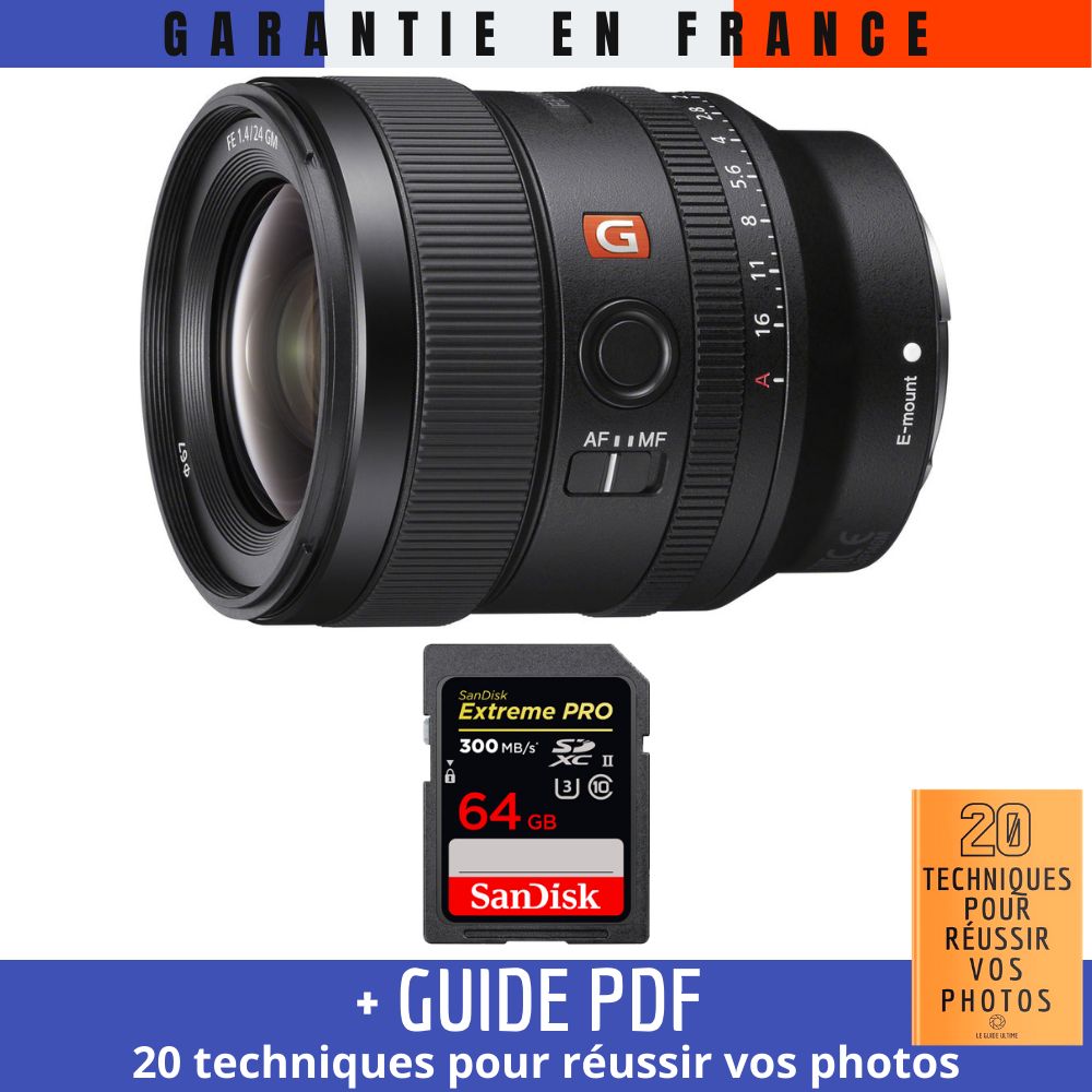 Sony FE 24mm f/1.4 GM Lens + 1 SanDisk 64GB UHS-II Card + '20 TECHNIQUES POUR RÉUSSIR VOS PHOTOS' Guide