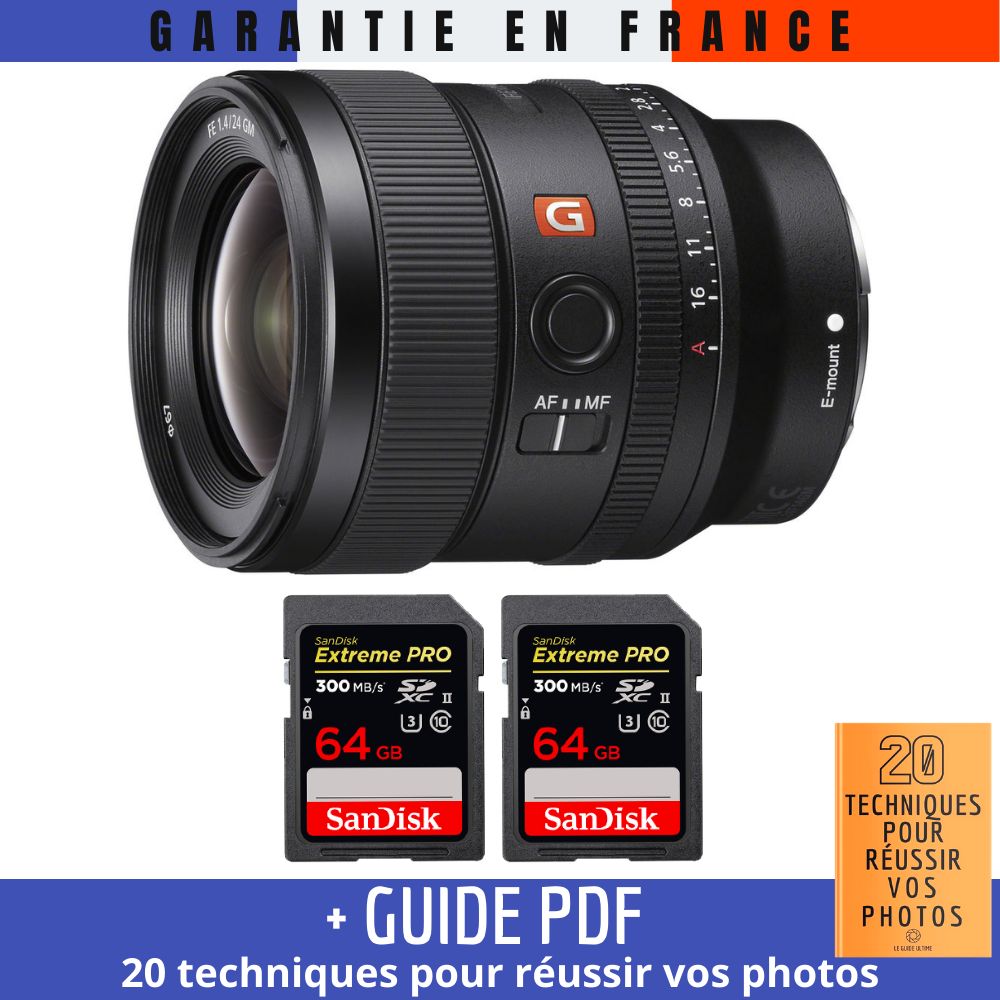 Sony FE 24mm f/1.4 GM Lens + 2 SanDisk 64GB UHS-II Cards + '20 TECHNIQUES POUR RÉUSSIR VOS PHOTOS' Guide