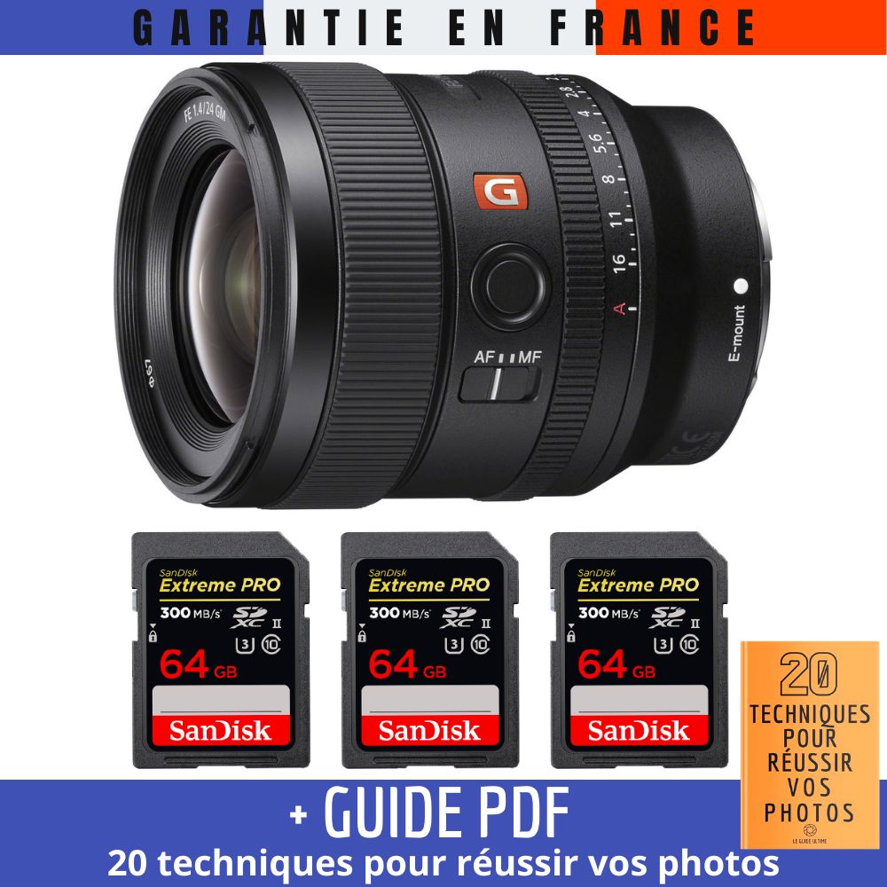 Sony FE 24mm f/1.4 GM Lens + 3 SanDisk 64GB UHS-II Cards + PDF Guide (20 Tech Tips for Better Photos)