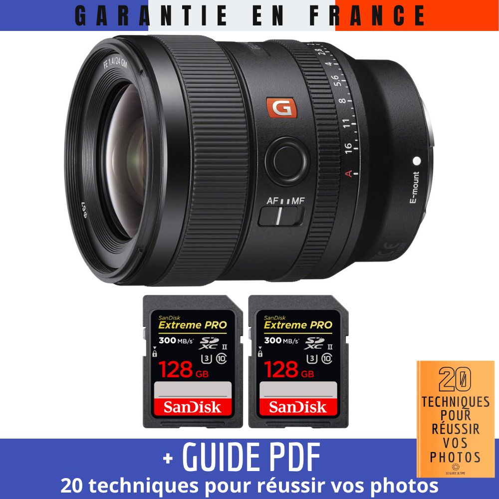 Sony FE 24mm f/1.4 GM Lens + 2x 128GB SanDisk UHS-II Cards + PDF Guide (20 Tech Tips for Better Photos)