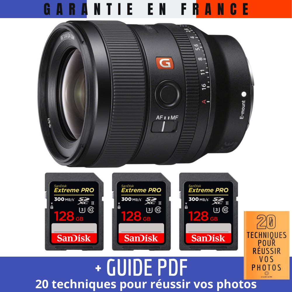 Sony FE 24mm f/1.4 GM Lens + 3 SanDisk 128GB UHS-II Cards + PDF Guide (20 TECHNIQUES PHOTOGRAPHIQUES)