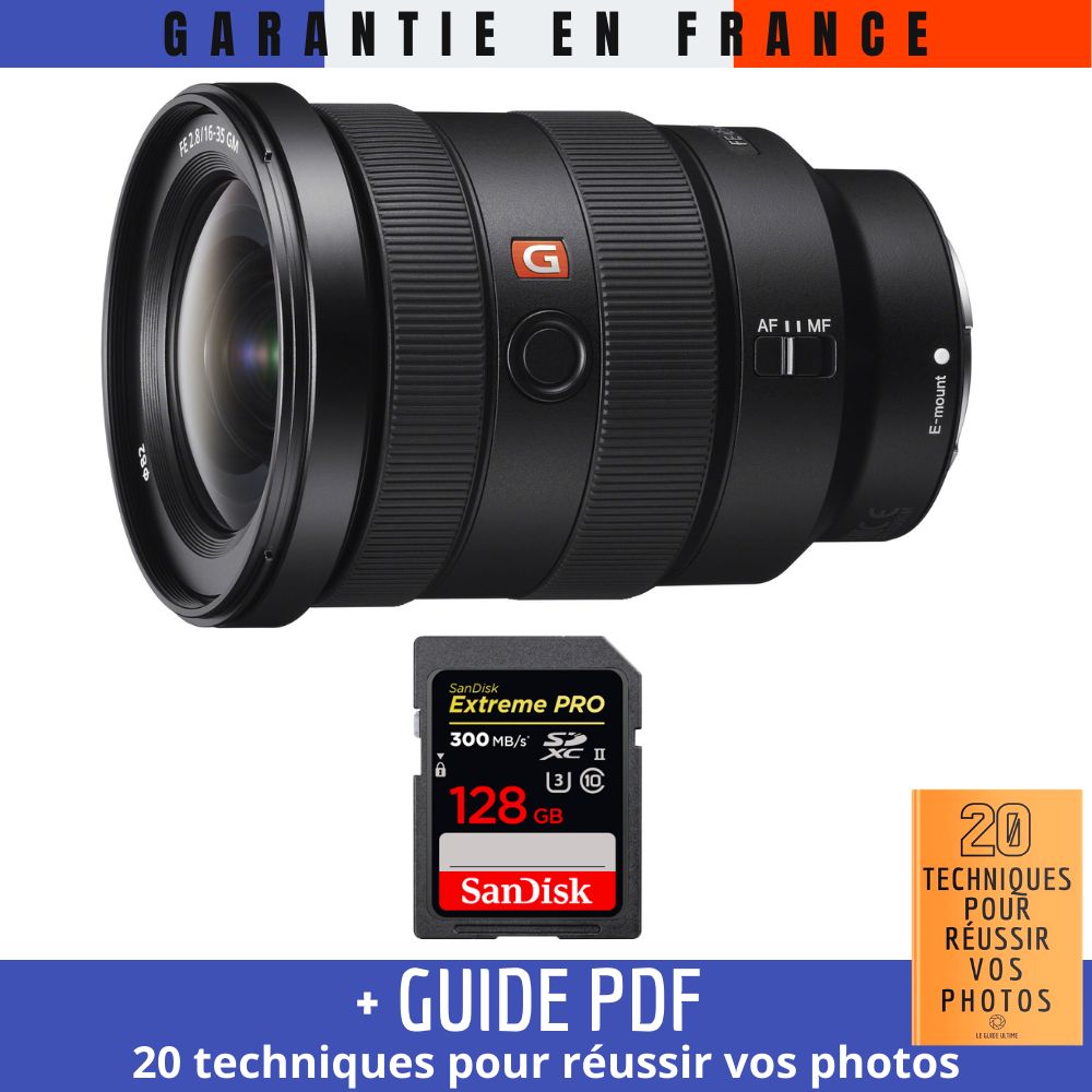 Sony FE 16-35mm f/2.8 GM Lens + 1 SanDisk 128GB UHS-II 300MB/s Memory Card + '20 TECHNIQUES POUR RÉUSSIR VOS PHOTOS' Guide