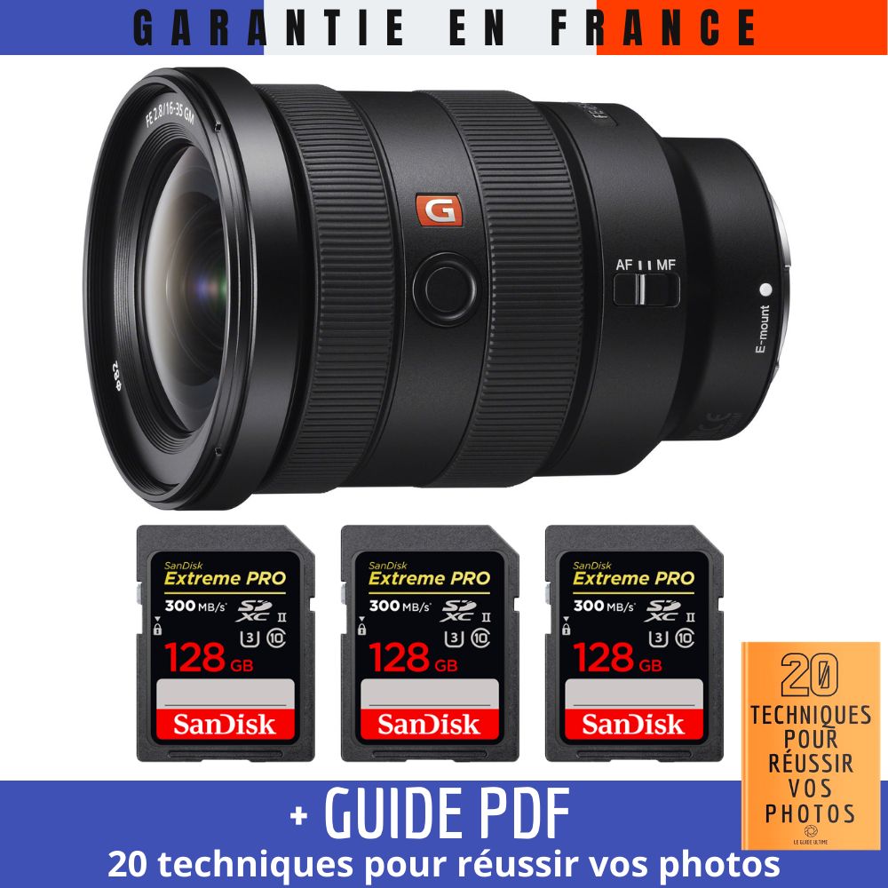 Sony FE 16-35mm f/2.8 GM Lens + 3 SanDisk 128GB UHS-II 300MB/s Cards + '20 TECHNIQUES POUR RÉUSSIR VOS PHOTOS' Guide