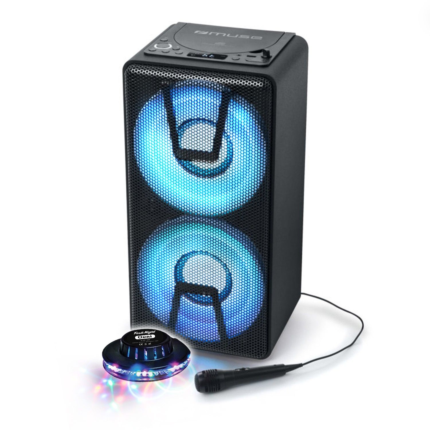 Haut-parleur Muse M-1820DJ - Boîte de soirée à LED avec lecteur CD et microfil - Bluetooth/CD/AUX/USB - 150W - Lumières OVNI