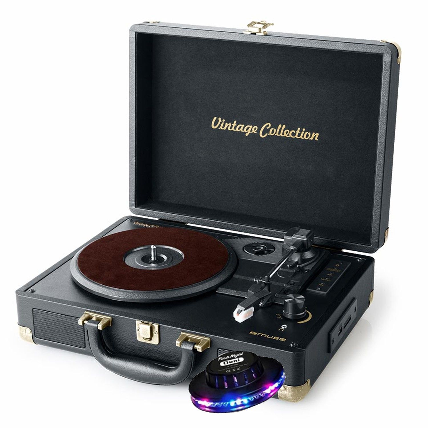 Muse MT-103GD Vinyl Player - Vintage Stereo Collection 33/45/78 RPM with Built-in Speakers - USB/SD/AUX - UFO Light