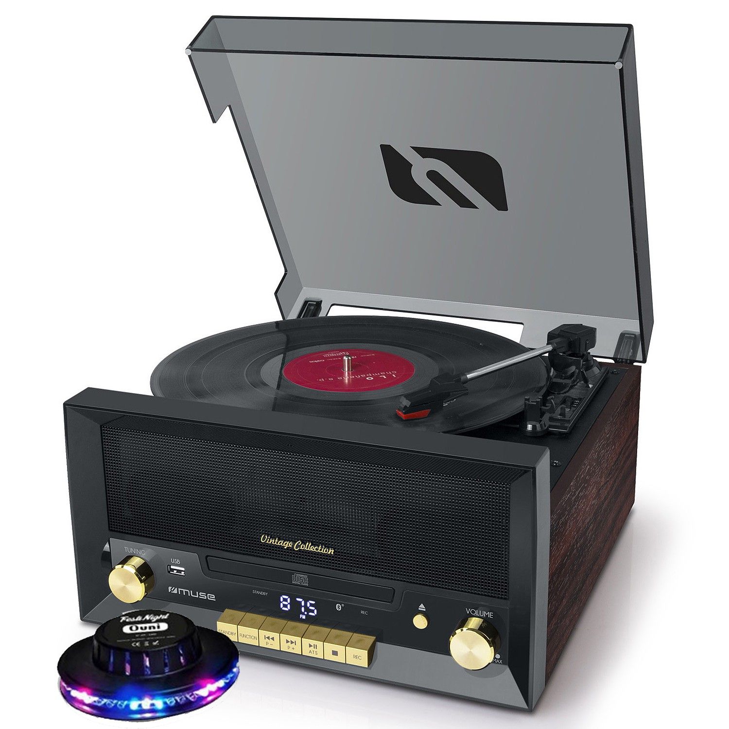 Muse MT-112W Vintage Hi-Fi System - 20W CD Player with Vinyl Turntable