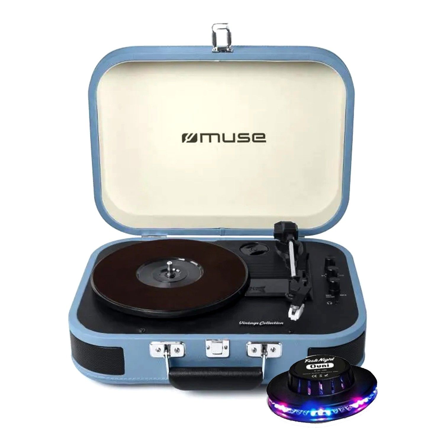 Muse MT-201BTB Clear Blue Stereo Turntable with Built-in Speakers - USB/SD/AUX - UFO Light