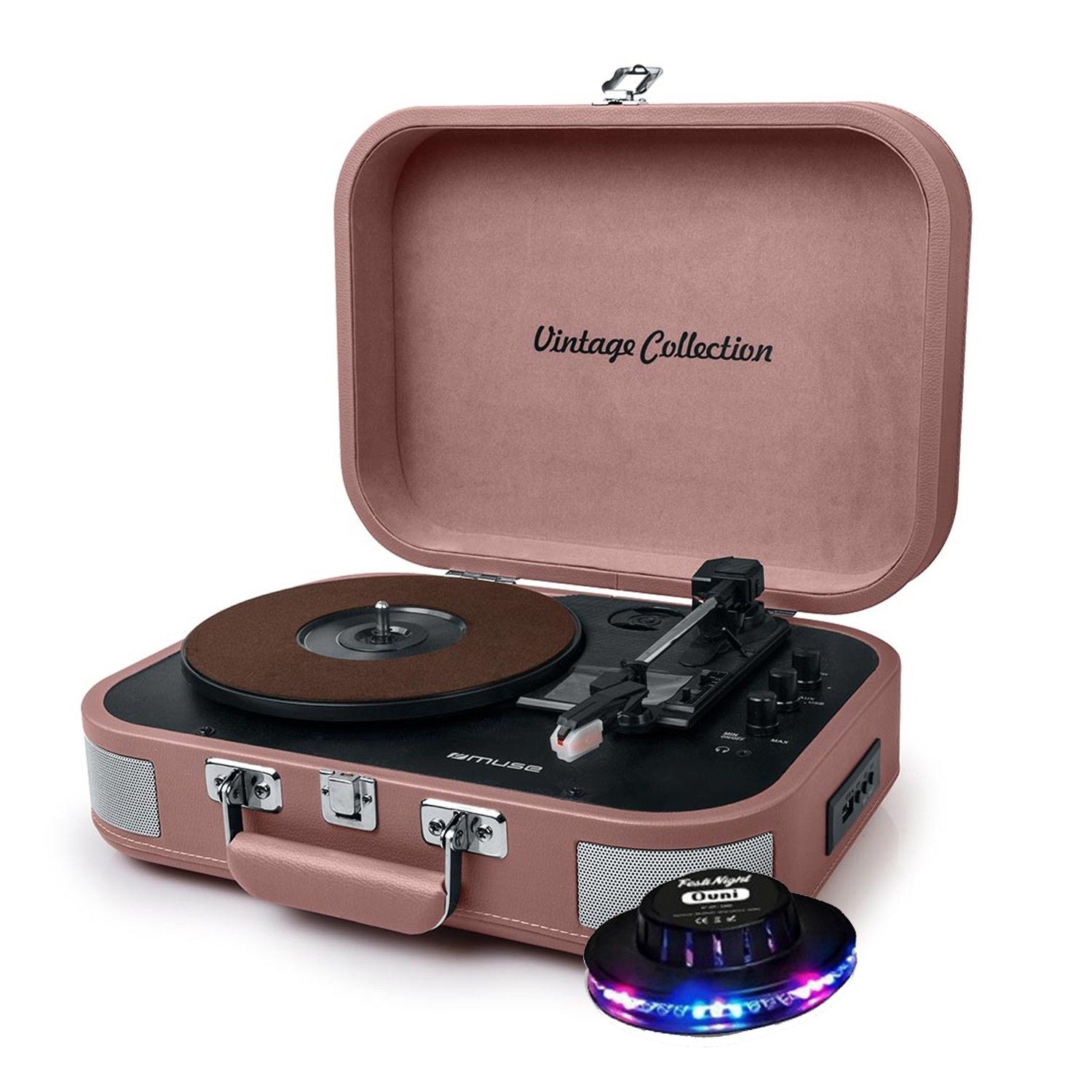 Muse MT-201BTP Vinyl Player - Salmon Stereo 33/45/78 RPM - Integrated Speakers - USB/SD/AUX - Headphone Jack - UFO Light