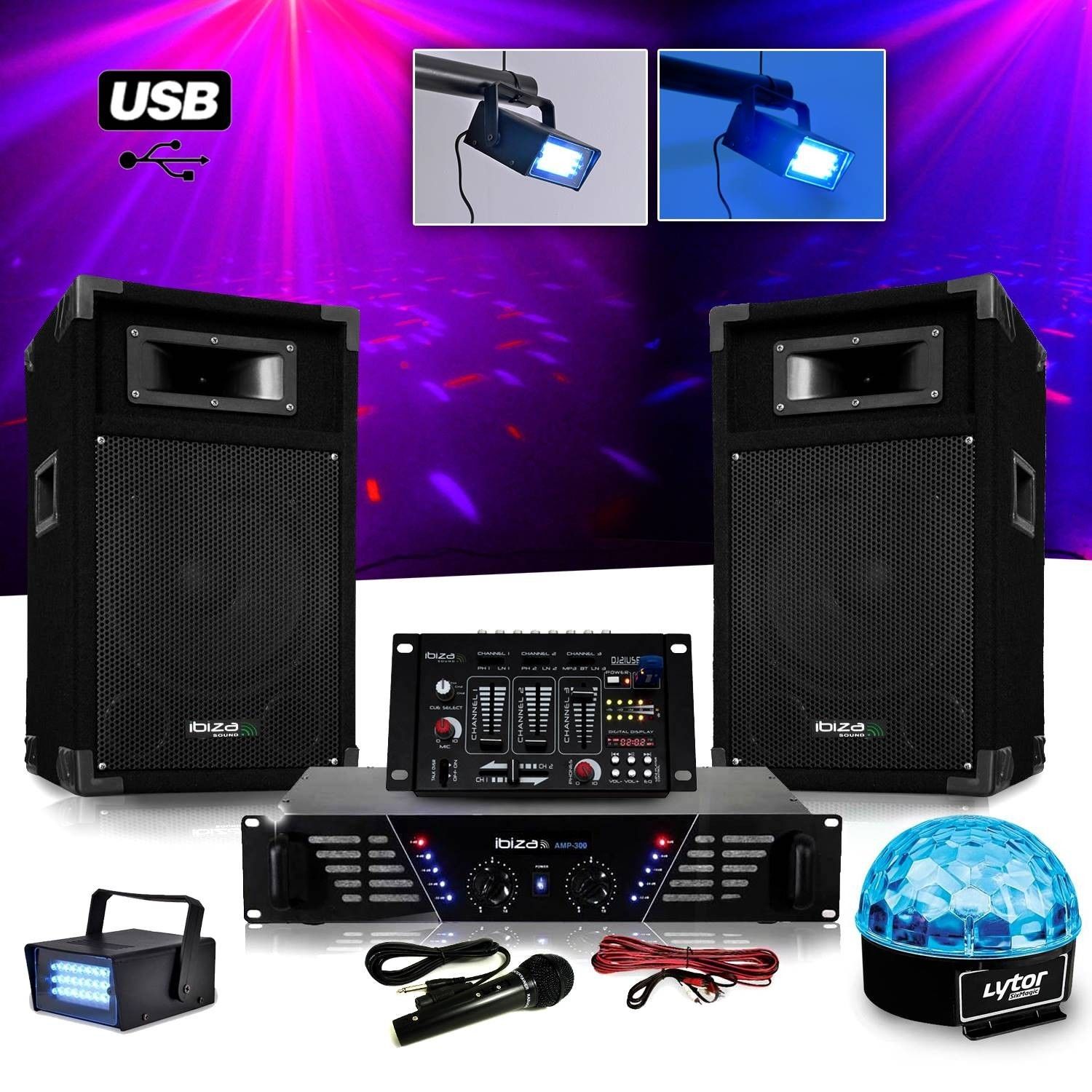 Pack Sono DJ complet Ibiza avec amplificateur, enceintes, table de mixage et éclairage