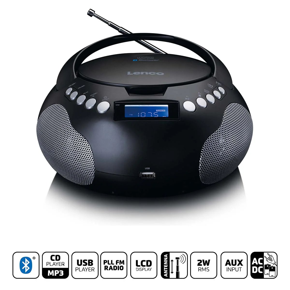 Lenco SCD-331BK Portable Radio and CD/MP3 Player with USB and Bluetooth