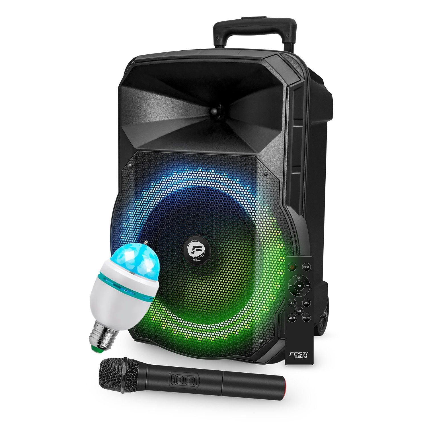 Festisound PICO08 Karaoke Speaker, Battery-Powered with Bluetooth USB FM Radio, TWS, Wireless Microphone, LED Light