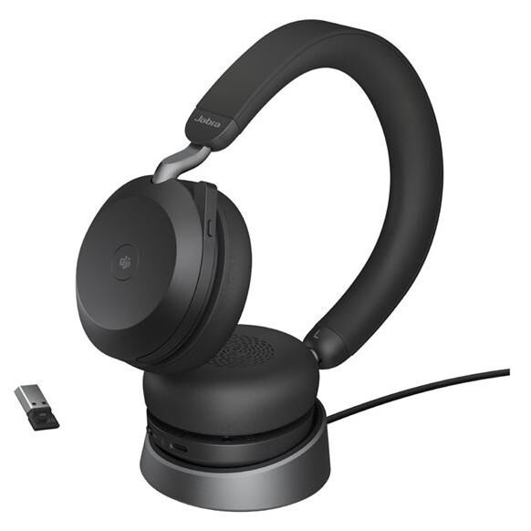 Jabra Evolve2 75 - Micro-casque - sur-oreille - Bluetooth - sans fil - Suppresseur de bruit actif - USB-A - isolation acoustique - noir - avec support de chargement - Certifié pour Microsoft Teams