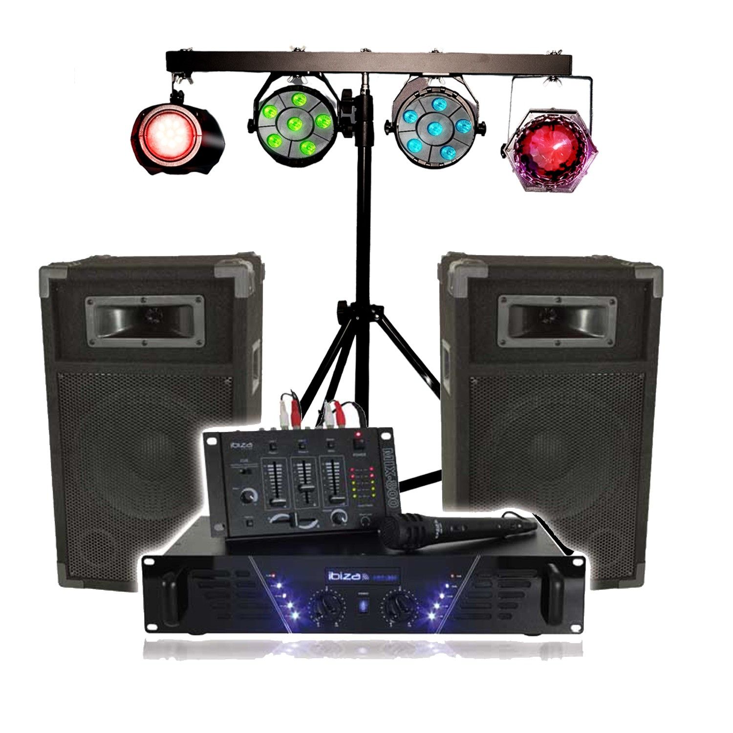 Kit de sonorisation IBIZA DJ-300, complet avec 2 enceintes, amplificateur, table de mixage, portique lumières DJ, câbles