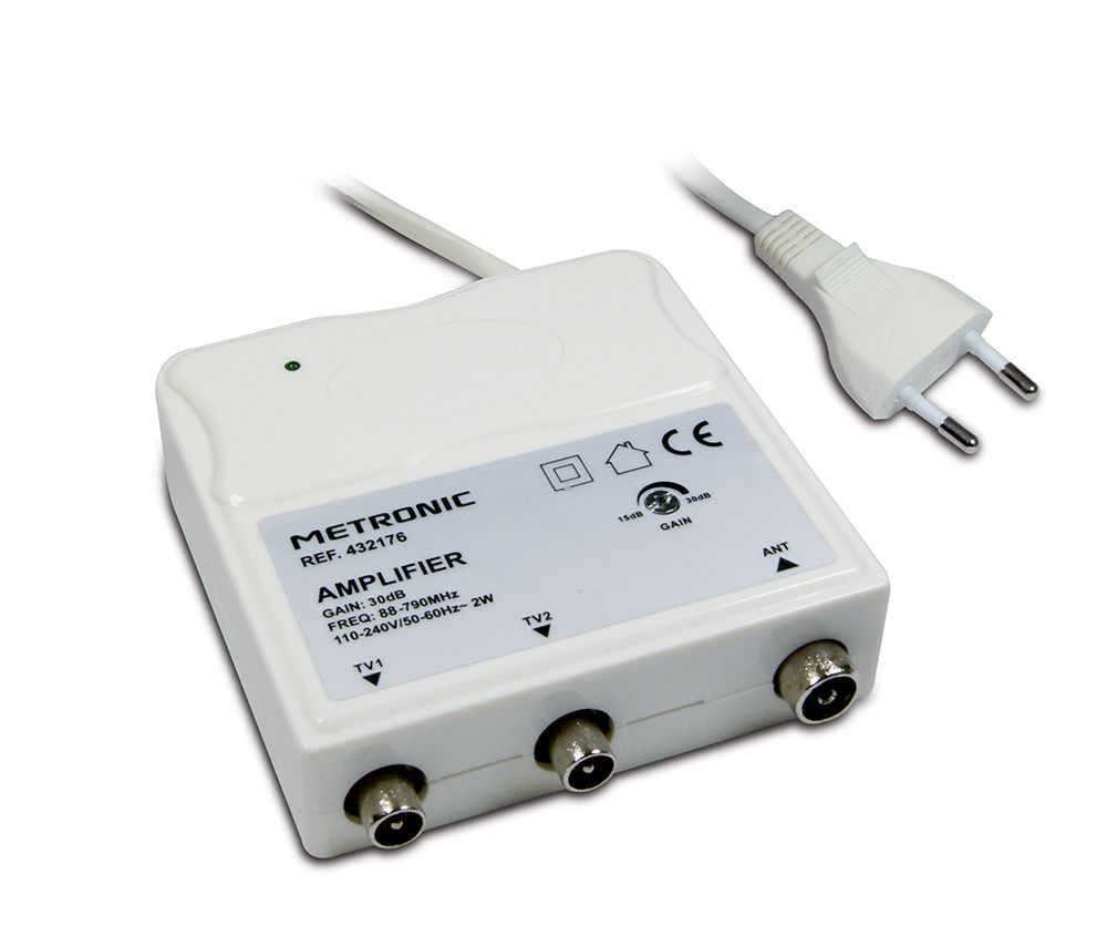 Metronic Indoor FM/VHF/UHF Amplifier with 30dB Gain Adjustment and 4G Filter - White