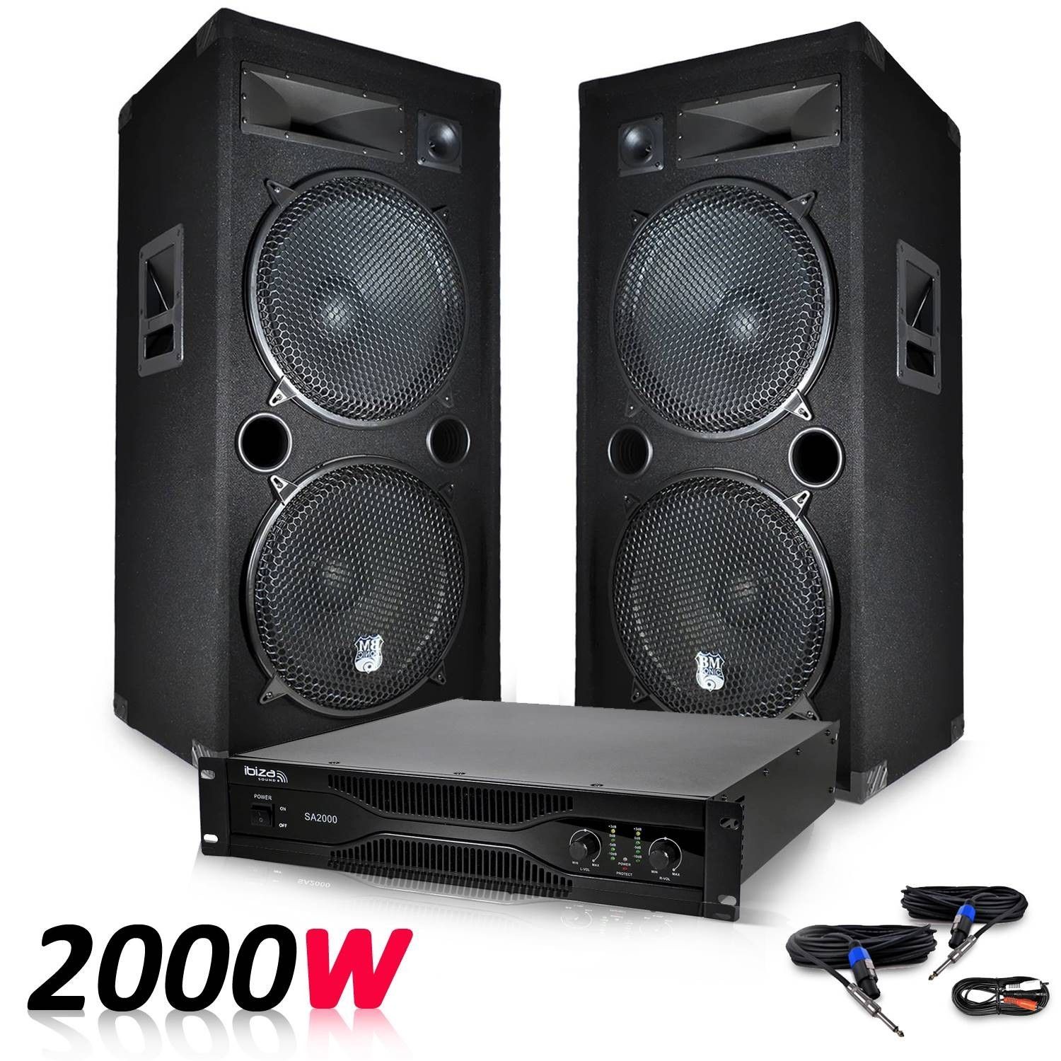 Sistema de altavoces DJ PA de Bm Sonic con 2x altavoces de 15'', 2000W, reflexión de graves + amplificador MyDj 1000W + cables