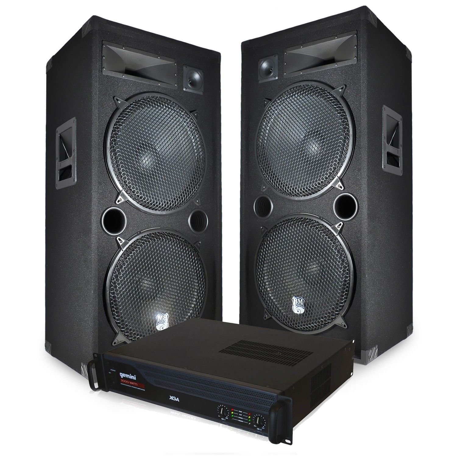 BM SONIC 2x15"/38cm Bass Reflex Enceintes with Amplifier - XGA 3000W Amp - Cables