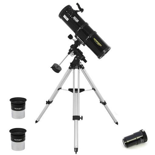 Telescopio Omegon 150/750 EQ4 con montaje ecuatorial Tipo D + visión polar + oculares + lente barlow
