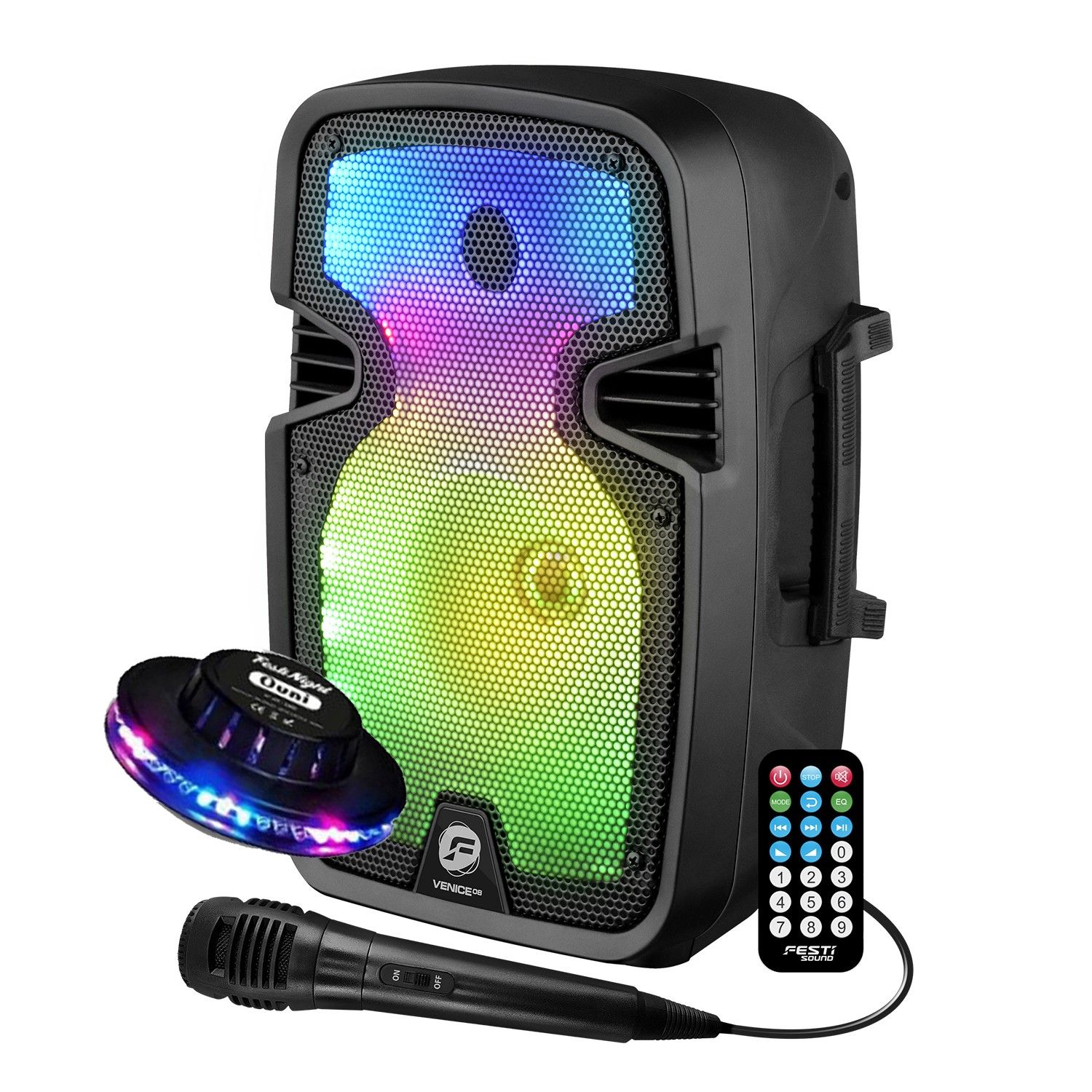 Festisound Venice08 Portable Karaoke Speaker, 200W Battery-Powered with Bluetooth USB/TWS Radio, Microphone, OVNI LED Light
