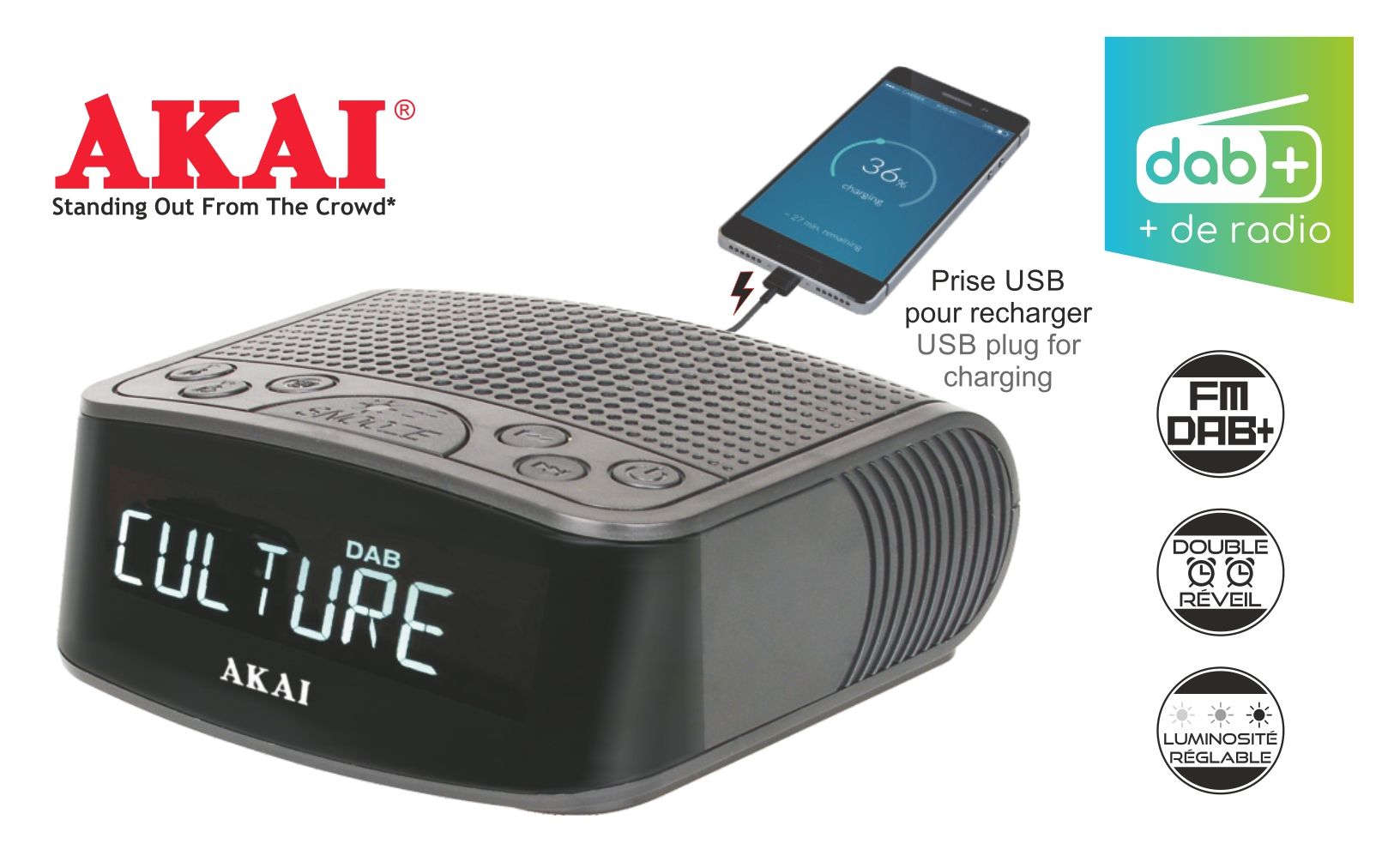 Akai FM/DAB+ Radio Alarm Clock with USB Charging - Black