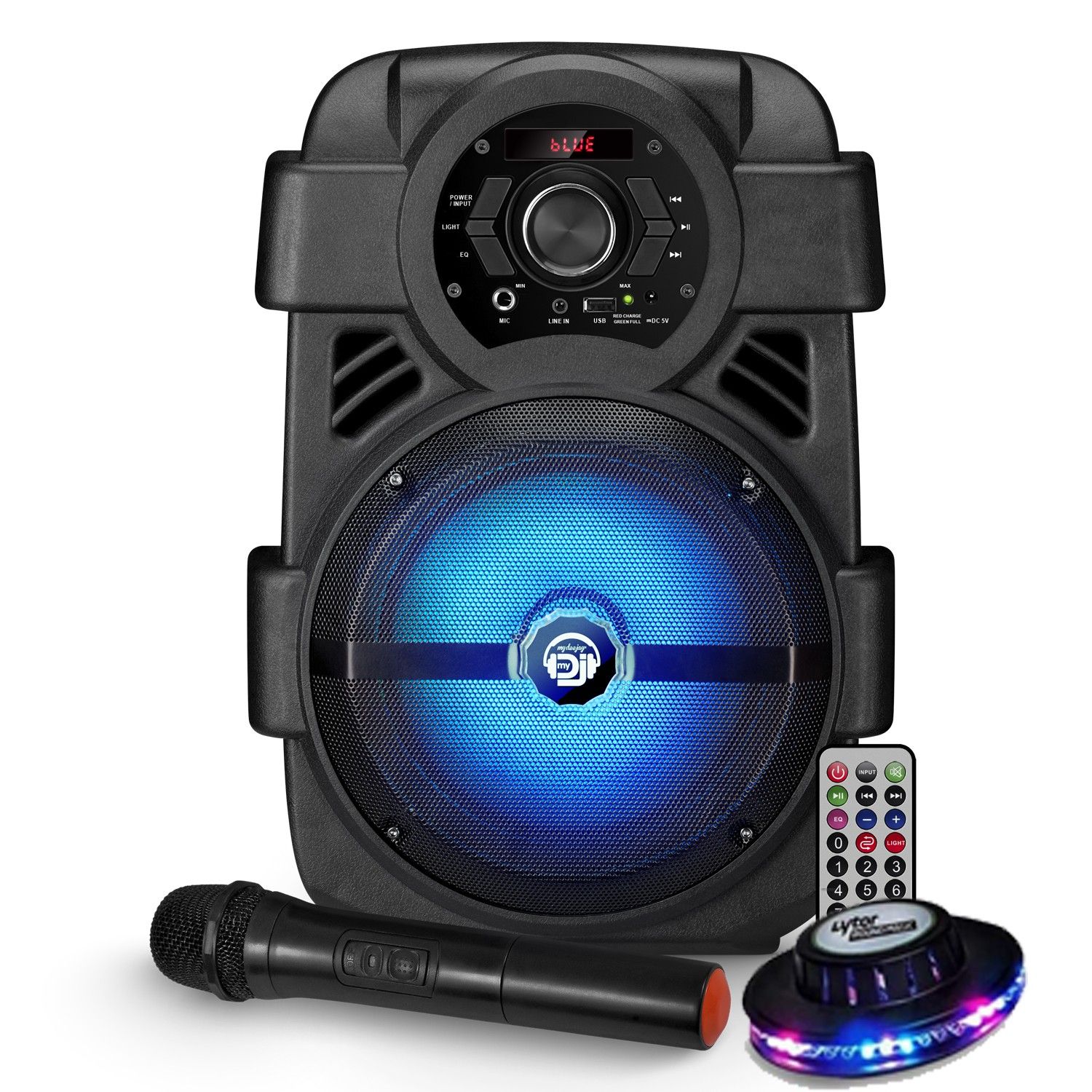 MyDj Sonic08 LED Speaker - 400W - Smartphone App Control, Bluetooth, USB, FM Radio - Remote + Wireless Microphone Kit