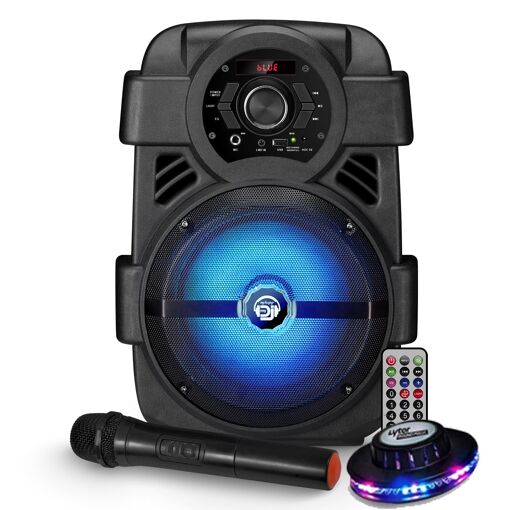 MyDj Sonic08 LED Speaker - 400W - Smartphone App Control, Bluetooth, USB, FM Radio - Remote + Wireless Microphone Kit
