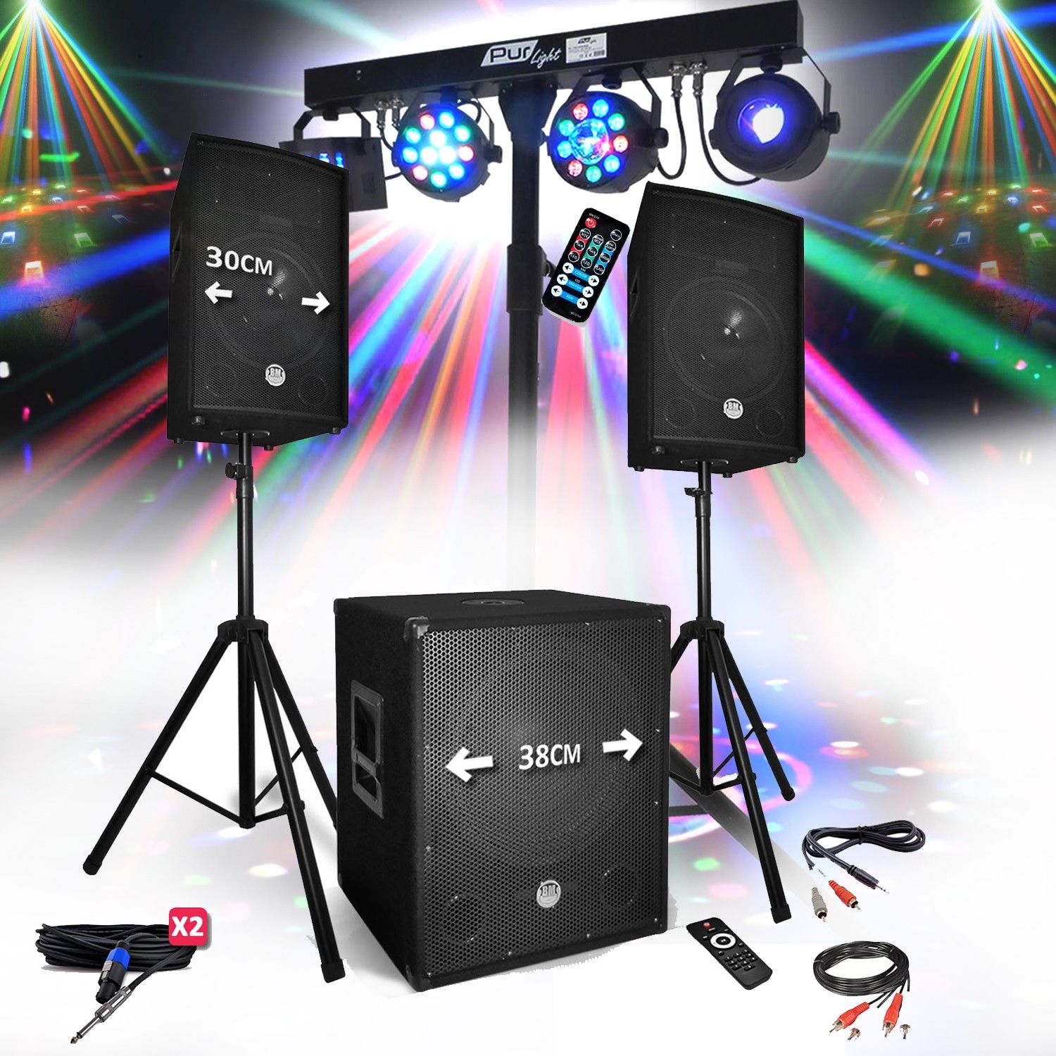 BM Sonic Party Pack BMS-1512: 2 Enclosures + Subwoofer + Light Kit
