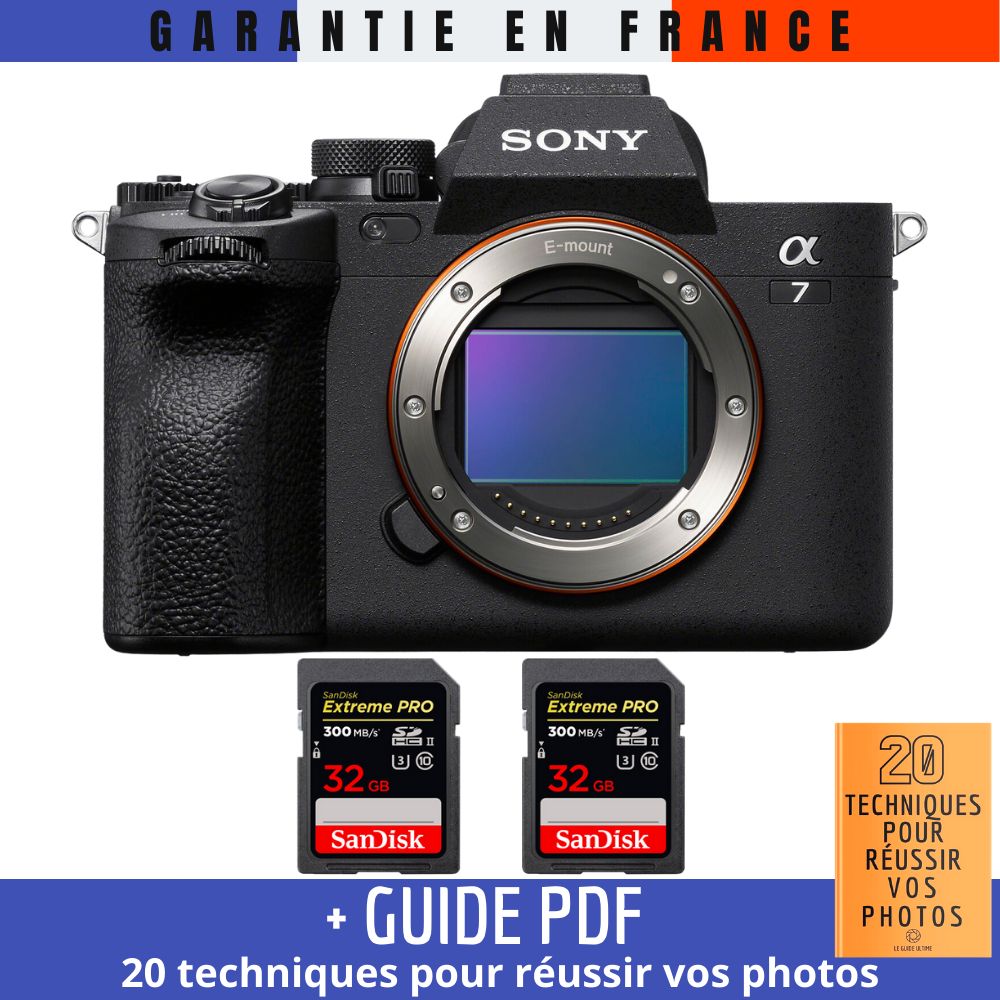 Sony Alpha 7 IV Body + 2 SanDisk 32GB Extreme PRO UHS-II SDXC 300MB/s Memory Cards + '20 TECHNIQUES POUR RÉUSSIR VOS PHOTOS' Guide