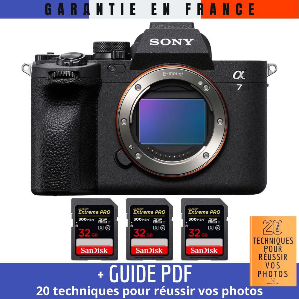 Sony Alpha 7 IV Body + 3 SanDisk 32GB Extreme PRO UHS-II SDXC Cards (300 MB/s) + Guide PDF '20 TECHNIQUES POUR RÉUSSIR VOS PHOTOS'