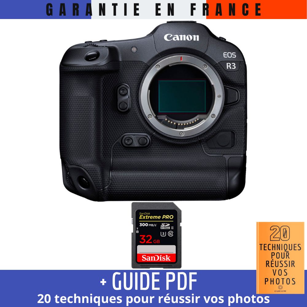 Canon EOS R3 Camera Body + 1 SanDisk 32GB Extreme PRO UHS-II SDXC Card (300 MB/s) + Guide '20 TECHNIQUES POUR RÉUSSIR VOS PHOTOS'