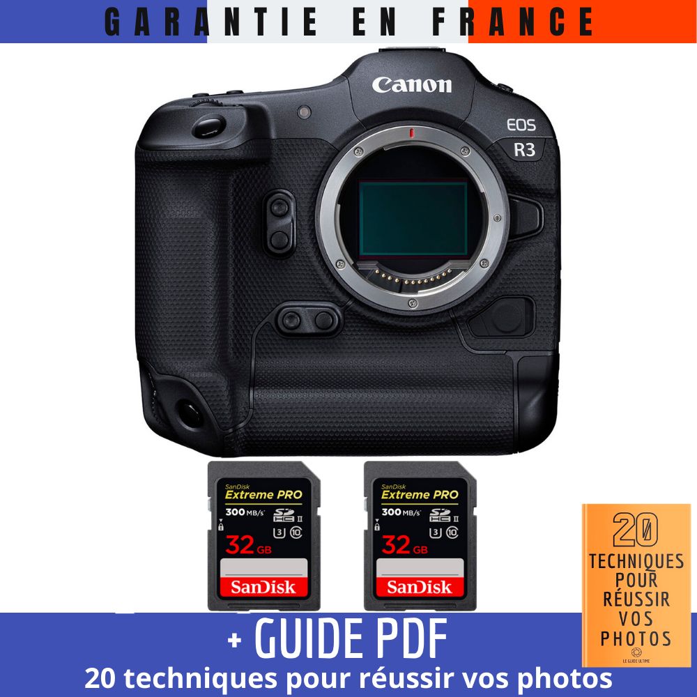 Canon EOS R3 Camera Body + 2 SanDisk 32GB Extreme PRO UHS-II SDXC Cards (300 MB/s) + '20 TECHNIQUES POUR RÉUSSIR VOS PHOTOS' Guide