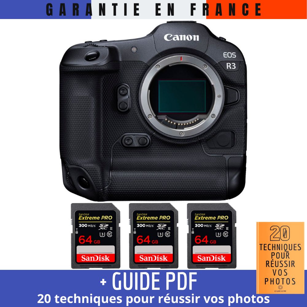Canon EOS R3 Camera Body + 3 SanDisk 64GB Extreme PRO UHS-II SDXC Cards (300 MB/s) + '20 TECHNIQUES POUR RÉUSSIR VOS PHOTOS' Guide