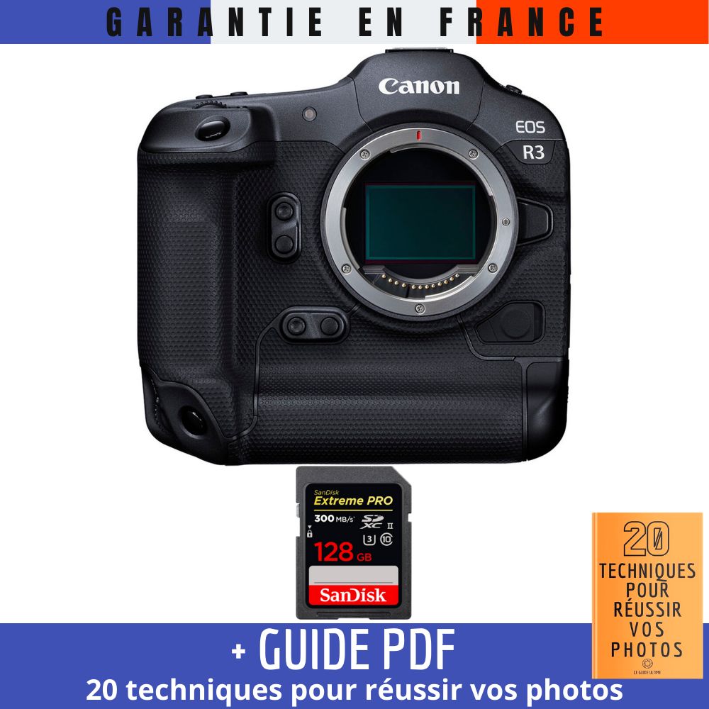 Canon EOS R3 Camera Body + 1 SanDisk 128GB Extreme PRO UHS-II SDXC Card (300 MB/s) + Guide '20 TECHNIQUES POUR RÉUSSIR VOS PHOTOS'