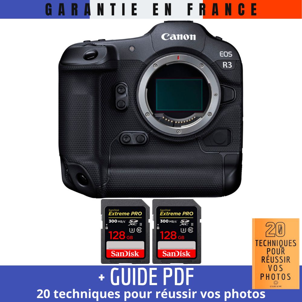 Canon EOS R3 Camera Body + 2 SanDisk 128GB Extreme PRO UHS-II SDXC Cards (300MB/s) + '20 TECHNIQUES POUR RÉUSSIR VOS PHOTOS' Guide