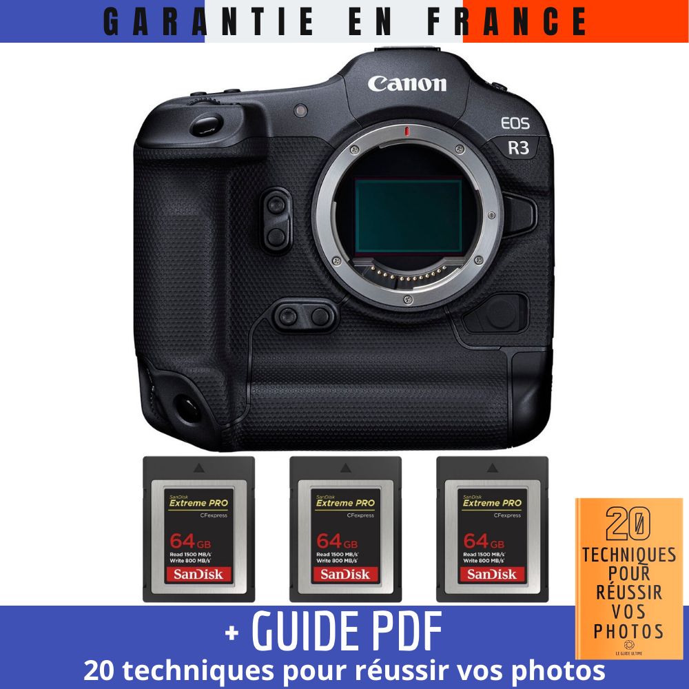 Canon EOS R3 + 3 SanDisk 64GB Extreme PRO CFexpress Type B + Guide PDF '20 TECHNIQUES POUR RÉUSSIR VOS PHOTOS