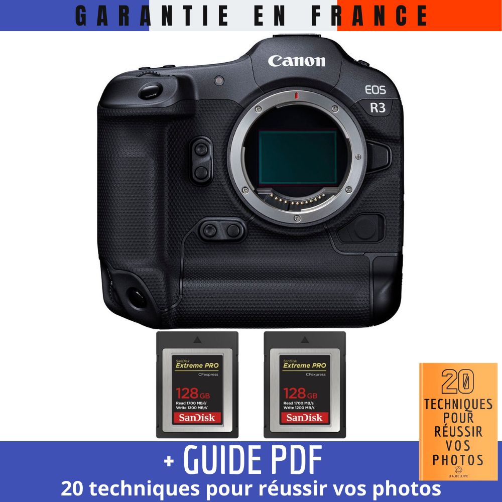 Canon EOS R3 + 2 SanDisk 128GB Extreme PRO CFexpress Type B + Guide PDF '20 TECHNIQUES POUR RÉUSSIR VOS PHOTOS