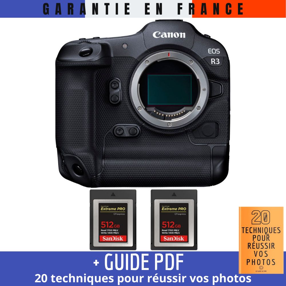 Canon EOS R3 + 2 SanDisk 512GB Extreme PRO CFexpress Type B + Guide PDF '20 TECHNIQUES POUR RÉUSSIR VOS PHOTOS