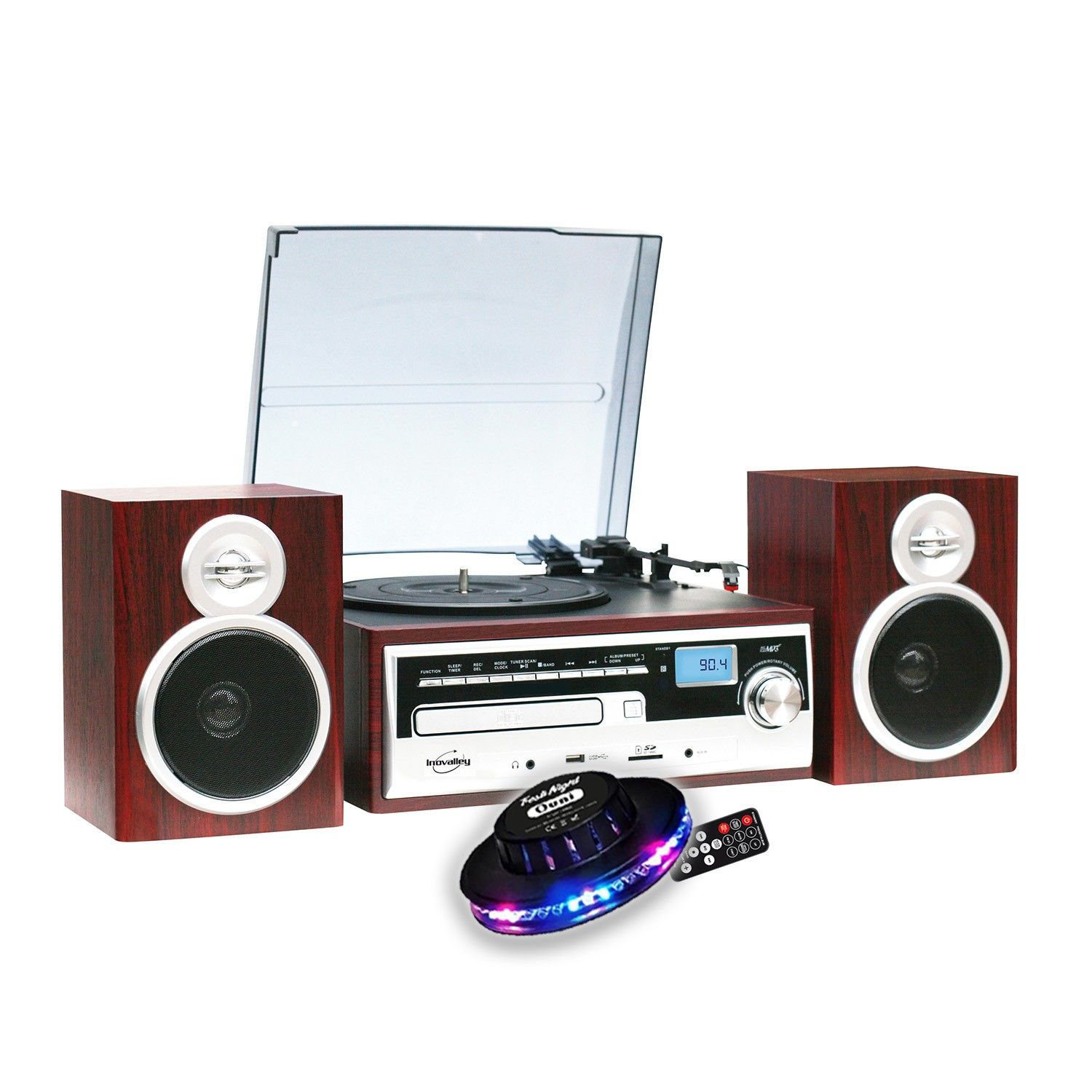 Inovalley CH14E 80W Vinyl Record Player with Bluetooth, CD, FM, USB, LED Light Show