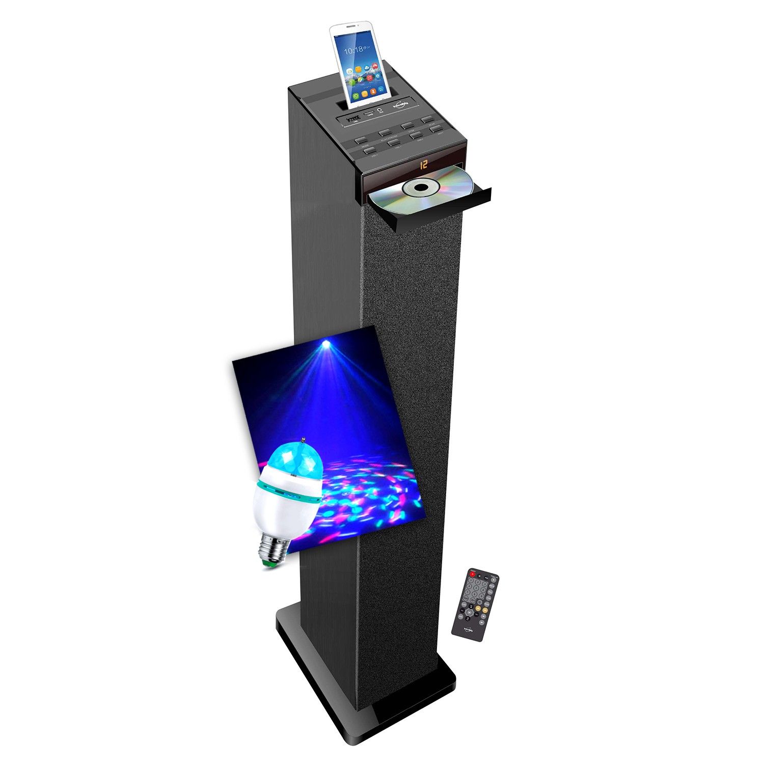 Inovalley BlackTower HP32-CD Speaker System with CD Player, Bluetooth, FM Radio, USB, 60W, Remote Control and DIAMS LED Light